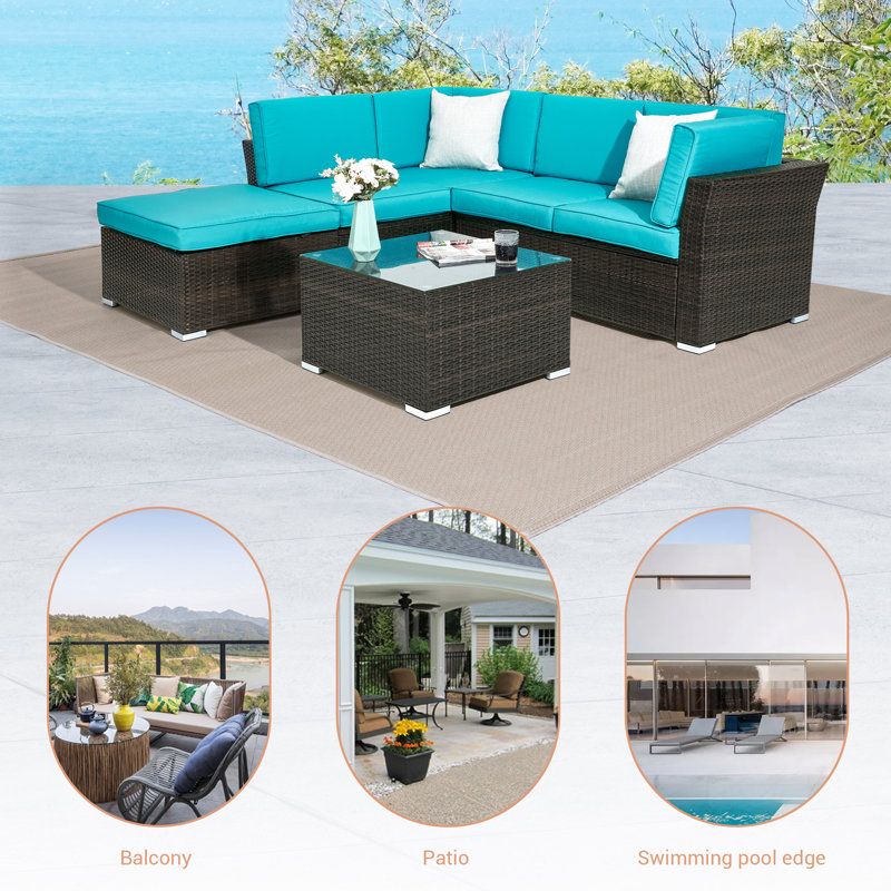 Ensemble de conversation en osier / rotin pour 5 personnes avec coussins, Bleu lac