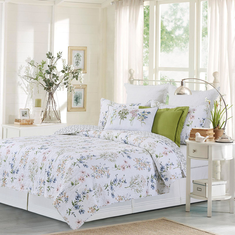 Ensemble de courtepointe réversible en coton blanc / vert Cynthia, King Quilt + 2 Shams