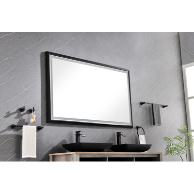 Miroir de salle de bain 60 po x 48 po à DEL avec cadre en aluminium, miroir de meuble-lavabo mural, anti-buée, mémoire, 3 couleurs, réglable en continu