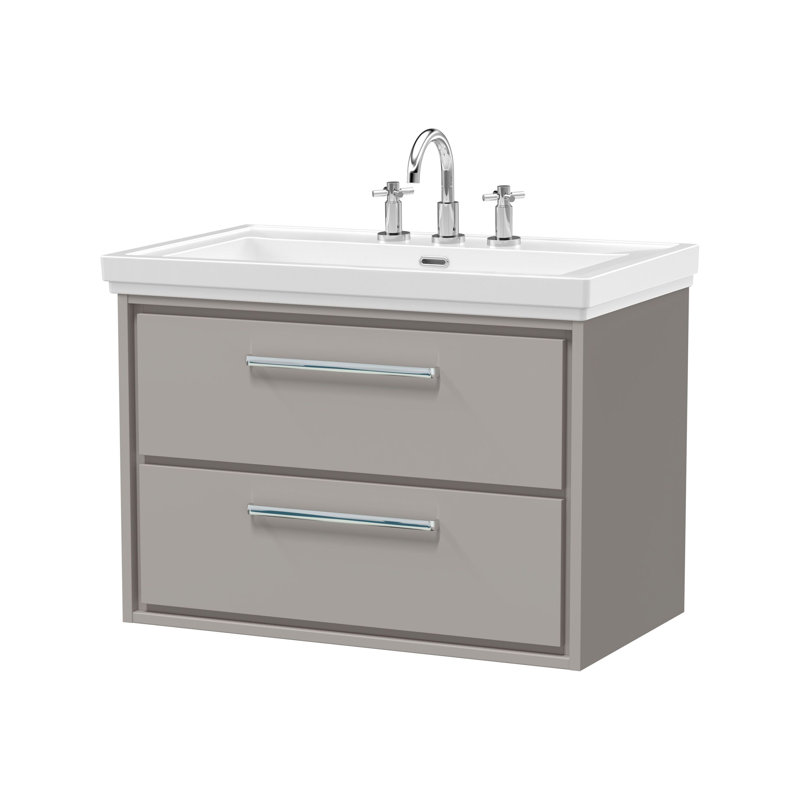 Hudson Reed Lille 600mm Fern Green 2 Drawer  Wall Hung Vanity Unit With 3 Tap Holes Fireclay Basin, Pebble Grey, 83cm W