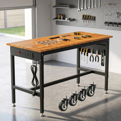 70Inch Adjustable Workbench With Storage For Garage, Heavy Duty Work Bench Table With Pegboard & Power Outlet 2000 Lbs Load Capacity For Hardwood Welding Table