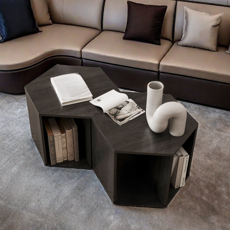 Set Of 2 Hexagonal Coffee Tables With A Storage Shelf, Black/Brown