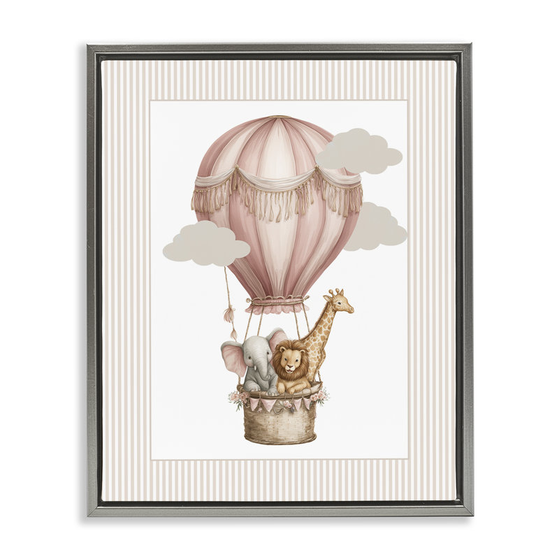 Cadre flottant rose avec montgolfières, design par Christine Simpson Art, H 31 po x l 25 po, Cadre flottant gris lustré