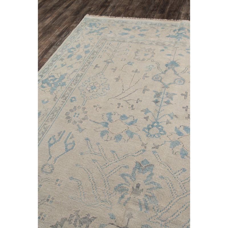 Ivory and Blue Hand-Knotted Wool Area Rug 2' x 3'