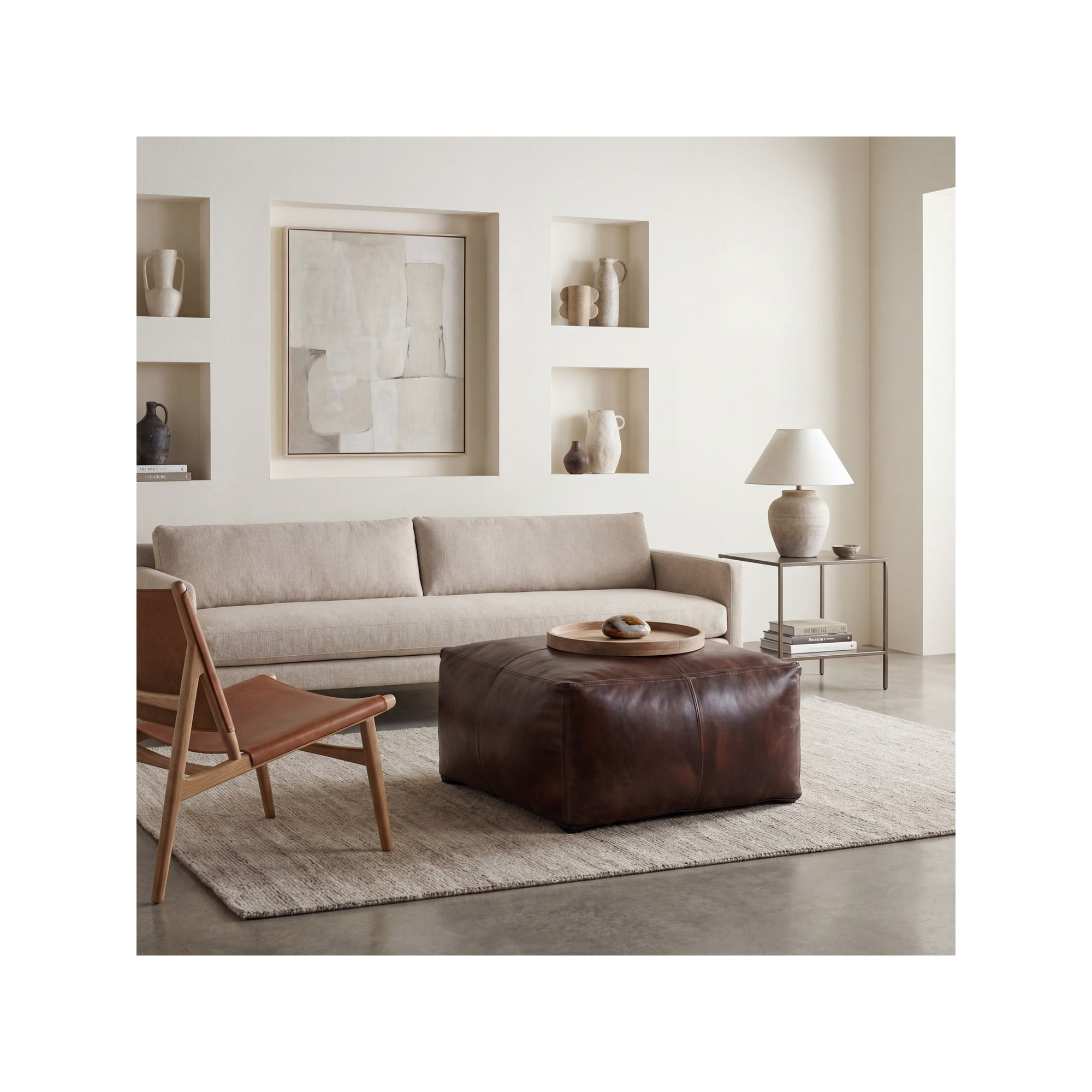 Upholstered Pouf, Dark Brown Genuine Leather