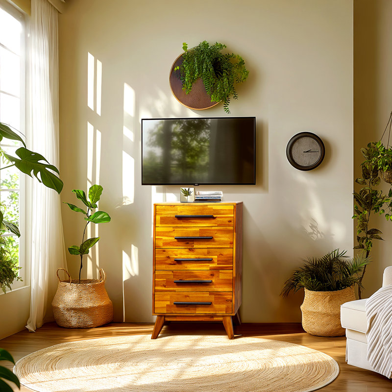 Acacia Solid Wood 26 " W 5 - Drawer Dresser, Caramel