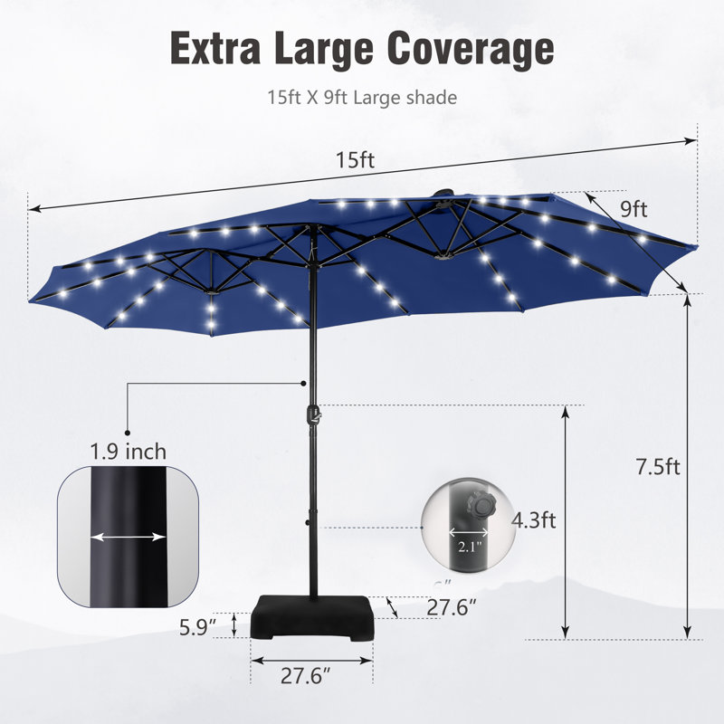 Parasol de marché rectangulaire avec base Yuliana 180 po x 108 po, Bleu brume