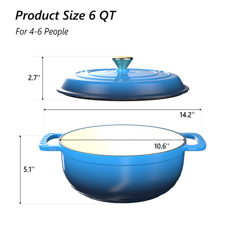 Winado Non-Stick Cast Iron Round Dutch Oven, Blue, 5.7 L