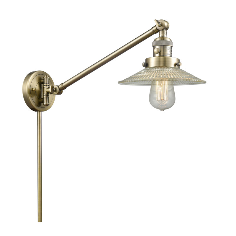 Norah Plug-in Swing Arm Sconce, Antique Brass, Clear Halophane, 60 Watt Vintage Incandescent Bulb