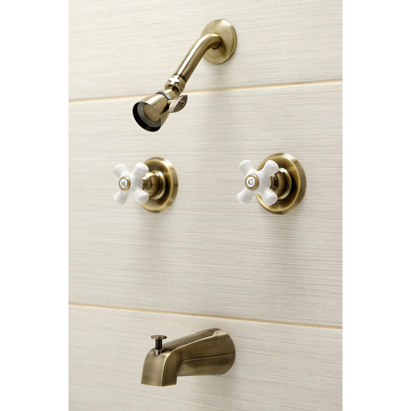 Kingston Brass Victorian Double-Handle Tub and Shower Faucet, Cross, Antique Brass