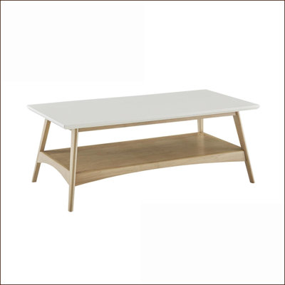 Mid-Century Solid Wood Coffee Table with Off-White Top & Storage Shelf for Living Room