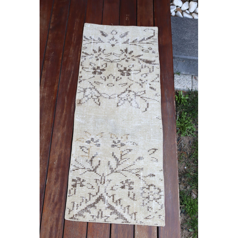 Handwoven Turkish Vintage Small Beige Wool Rug Ideal For Entryway and Door Mat