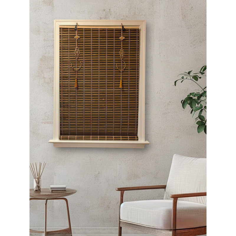 Store de fenêtre sans fil en bambou sans cordon, rideaux filtrant la lumière avec crochets décoratifs en laiton à thème oriental