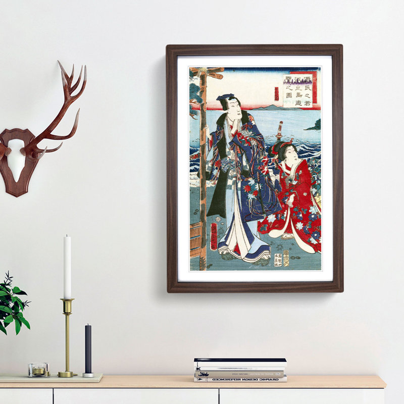 Genji Excursion to Enoshima River by Toyohara Kunichika - Picture Frame Painting Print, Walnut Framed