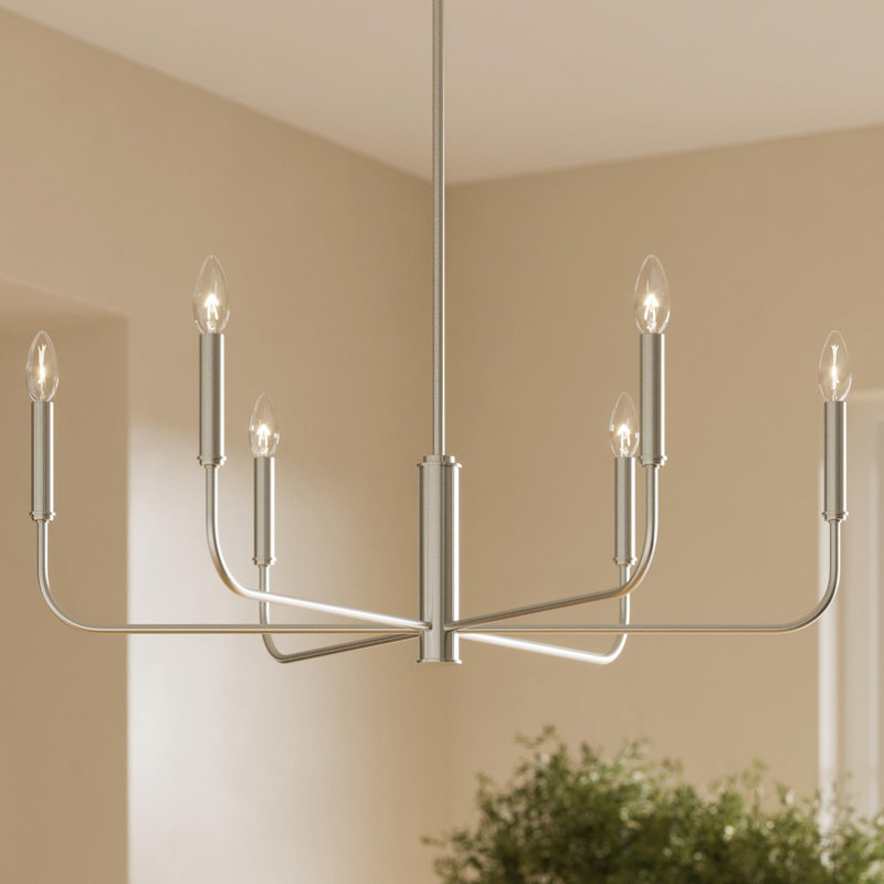 Grand lustre en nickel brossé 6 lumières Reines, Nickel brossé, 6