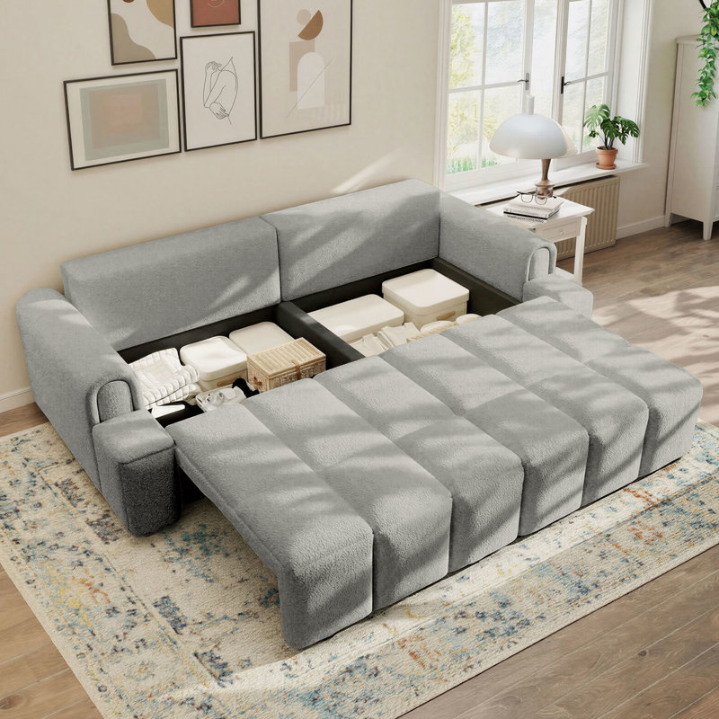 Canapé-lit surdimensionné de 90 pouces - canapé-lit escamotable en molleton Sherpa 3 en 1 avec rangement caché sous le siège, gris clair