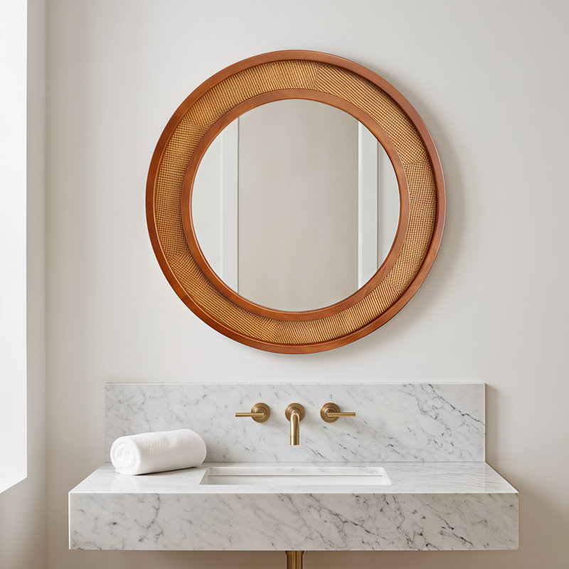 Miroir mural rond en bois massif de 24 po de style rotin, 24 po x 24 po, Noir + noyer foncé