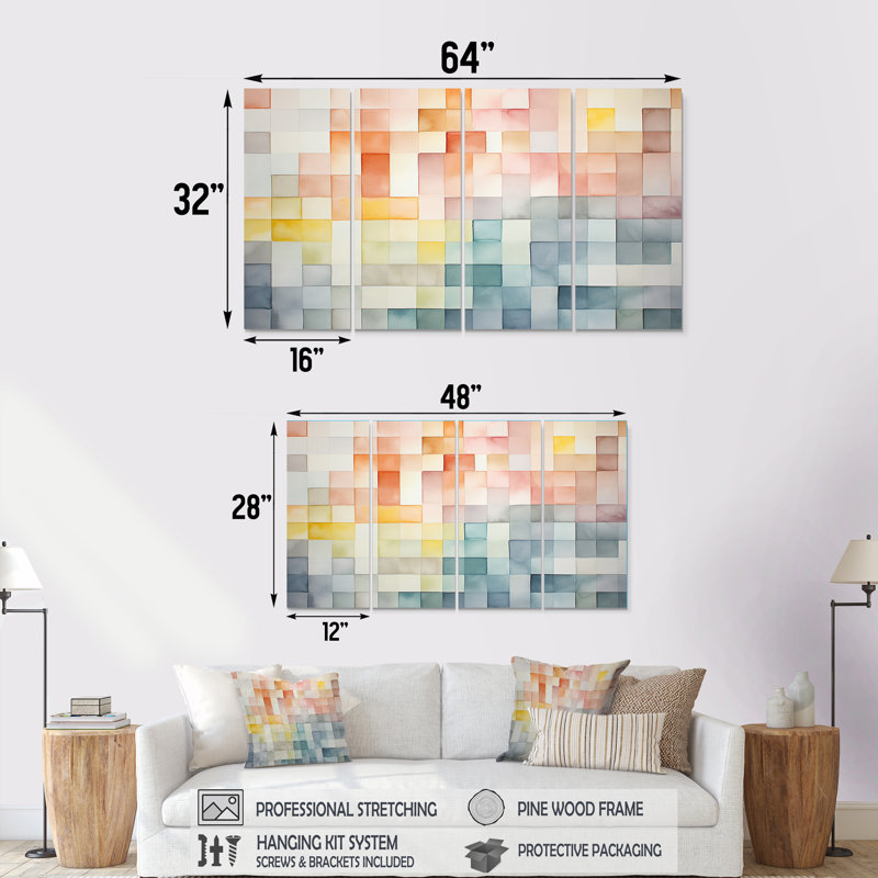 Motif de cubes multicolores II - ensemble géométrique abstrait 4 pièces, H 28 po x l 48 po