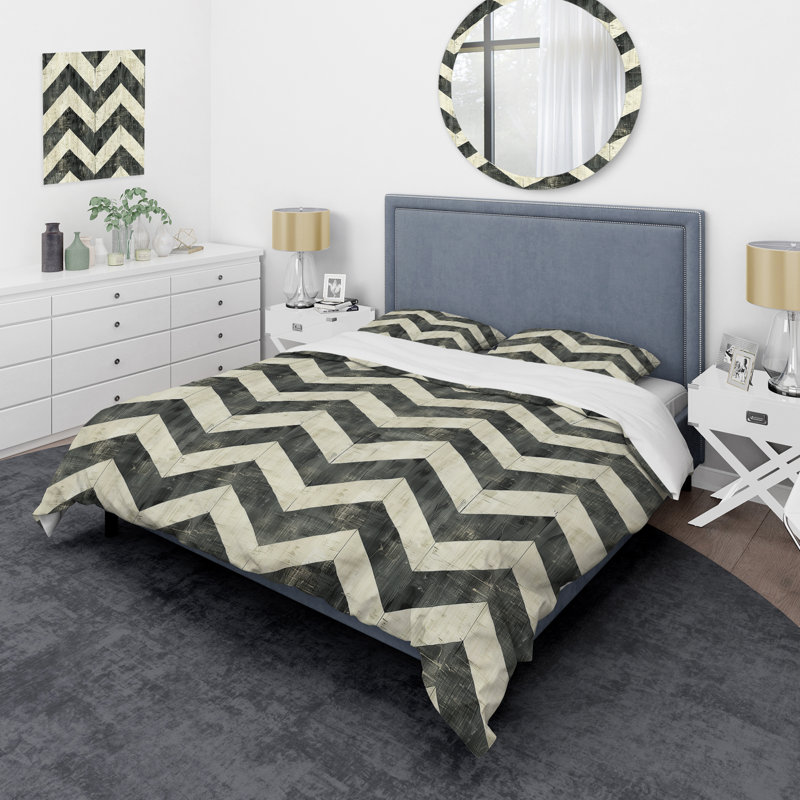 Ensemble de housse de couette moderne à chevrons beige et gris I, Housse de couette simple + 2 taies décoratives st
