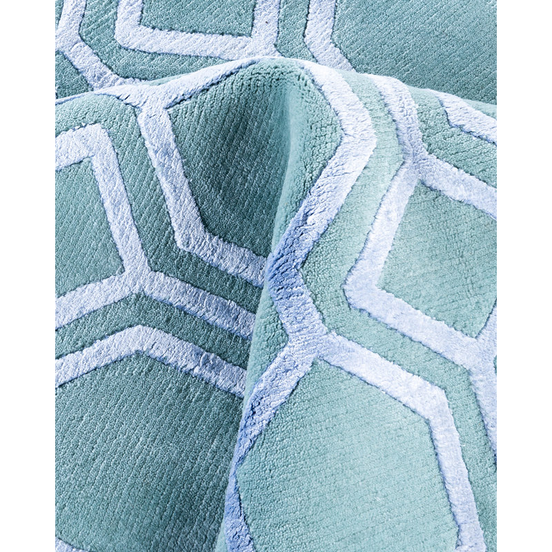 Hand-Knotted Green Wool and Silk Rectangular Area Rug