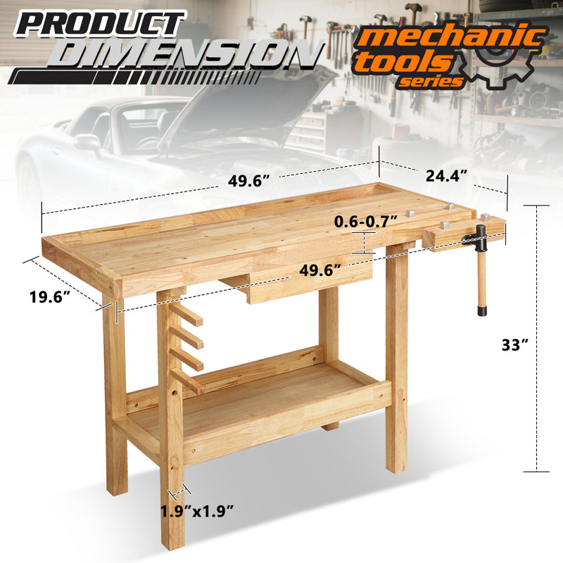 60" Heavy Duty Wood Workbench Work Bench Table With Drawer And Adjustable Handle For Workshop Garage