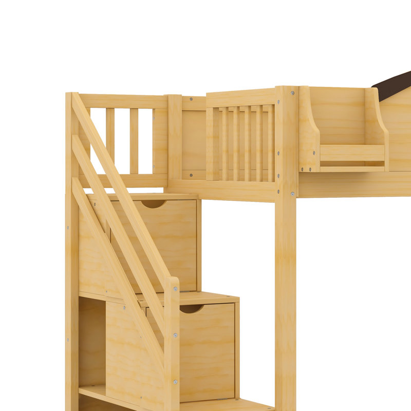 Lit superposé avec escalier de rangement, tablette, glissade et garde-robe, Naturel + espresso
