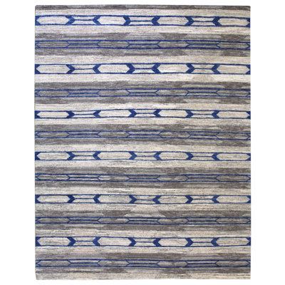 Tapis bleu en laine noué à la main de conception unique 8 pi x 10 pi New Age