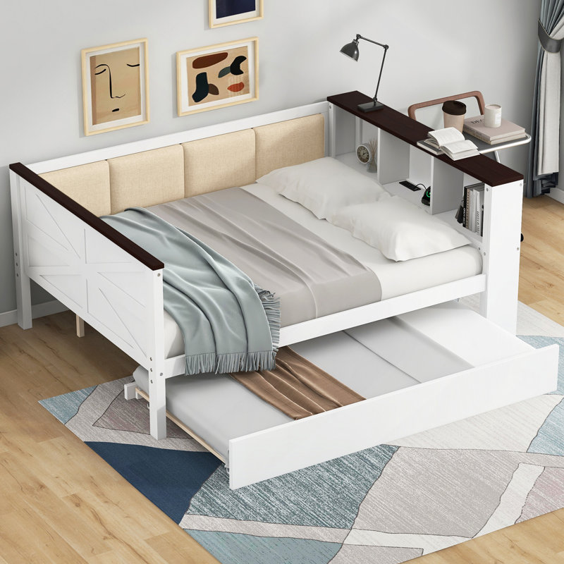 Wood Daybed With Storage Shelves, Upholstered Backrest,USB And Trundle, Full/Double