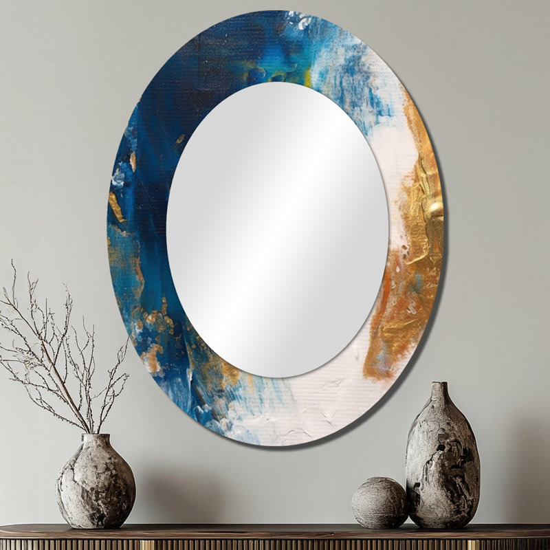 Ethereal Knowing - Bleu royal et or II - Miroir décoratif ovale abstrait sur métal, 40 po x 30 po
