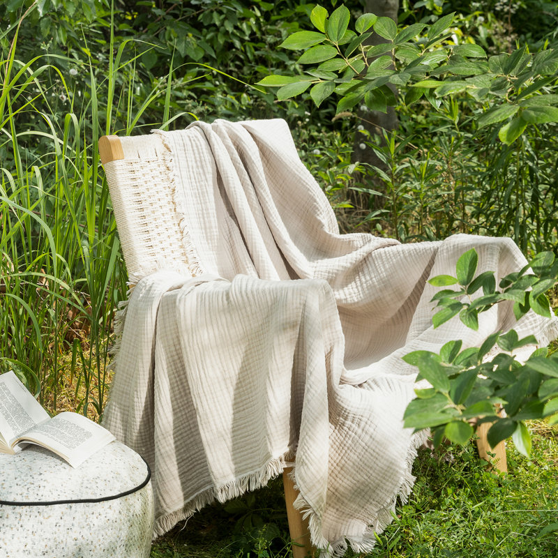 Jeté 100% coton 4 couches avec frange MooMee Airy, Gris crème, Grand (90 po x 90 po)