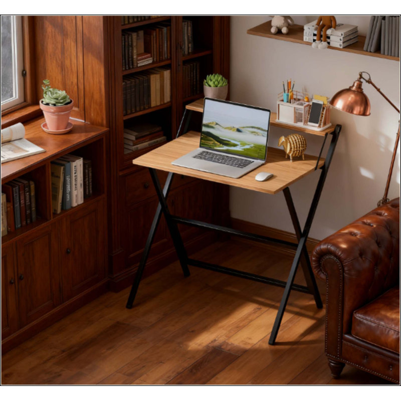 Foldable Desk With Monitor Shelf , Easy Assembly, 34.1" H x 32.1" W x 24.4" D, Natural