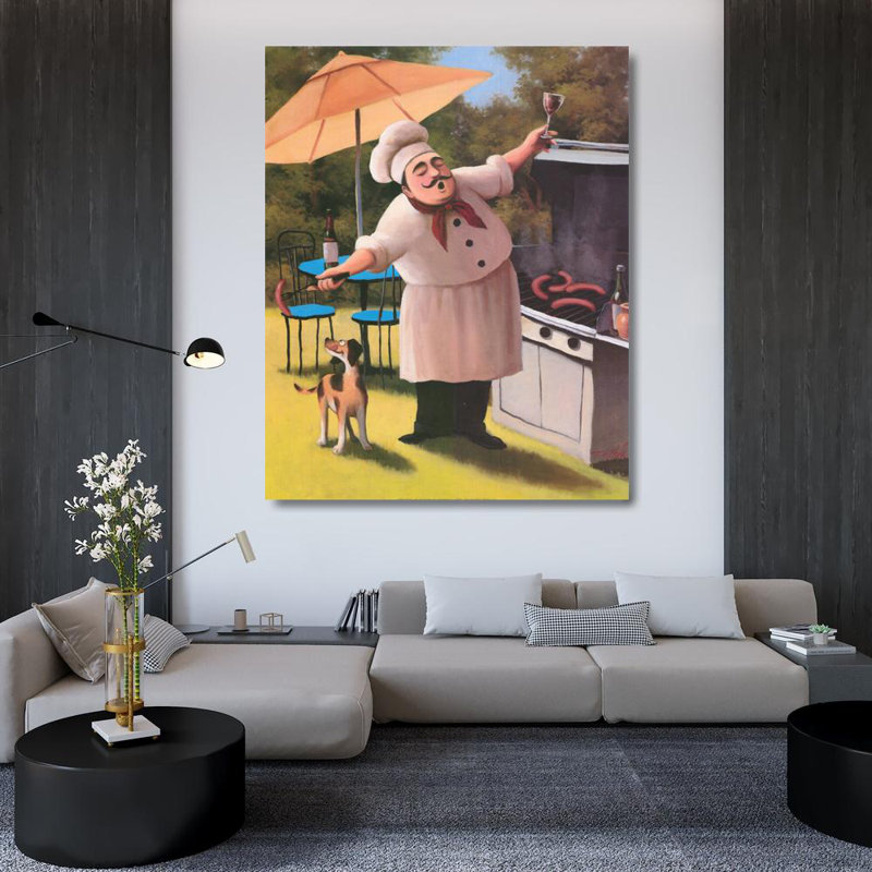 Barbecue Chef with Dog, 45" H x 36" W