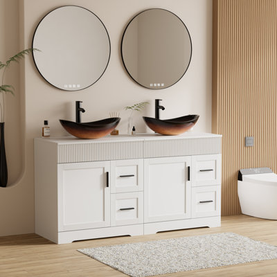 Ensemble de meuble-lavabo sur pied 60 po à double cuve avec comptoir en bois manufacturé, lavabo vasque, robinet et drain, peint à la main résistant à l'eau
