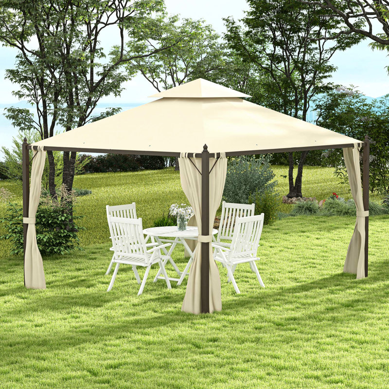 Pavillon de jardin extérieur avec rideaux. 10 pi x 12 pi, structure en acier, toit. Endroit relaxant. Beige pour utilisation en patio. Fabrication, intimité