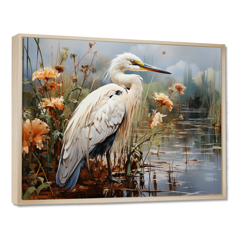 Héron pêche blanc, héron, art mural, H 16 po x l 32 po x P 1 po, Cadre flottant érable