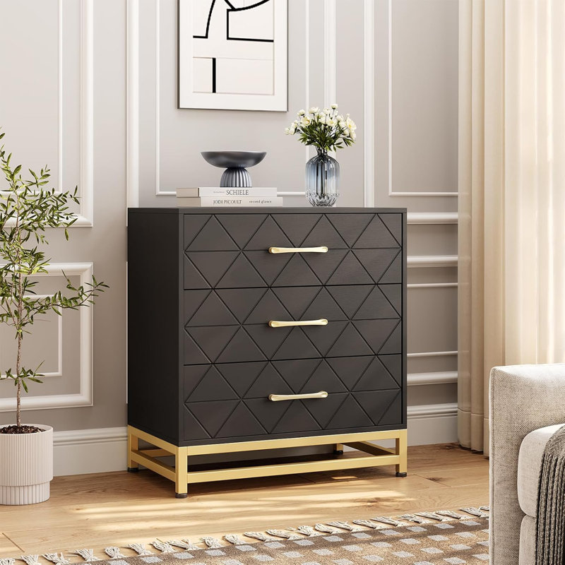 Commode 3 tiroirs pour la chambre à coucher, commode en bois moderne avec rangement, commode large à poignées en métal, commodes en bois, noir