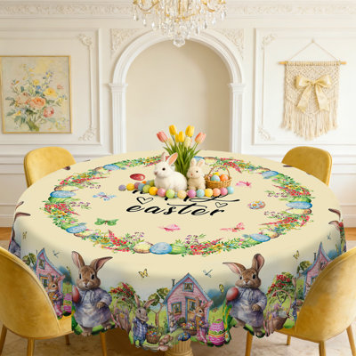 Happy Easter Bunny Tablecloth - Floral Wreath & Rabbit Printed Fabric Table Cover, Reusable Round/Rectangular Tablecloth for Easter Brunch, Holiday Party | Decorative "Happy Easter" Themed Tablecloth with Scalloped Edge, Fits Dining Tables