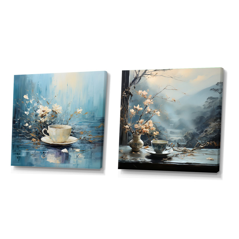Misty Blue Tea Steaming Reverie - Ensemble de 2 collages carrés café et thé, Toile tendue, H 30 po x l 61 po