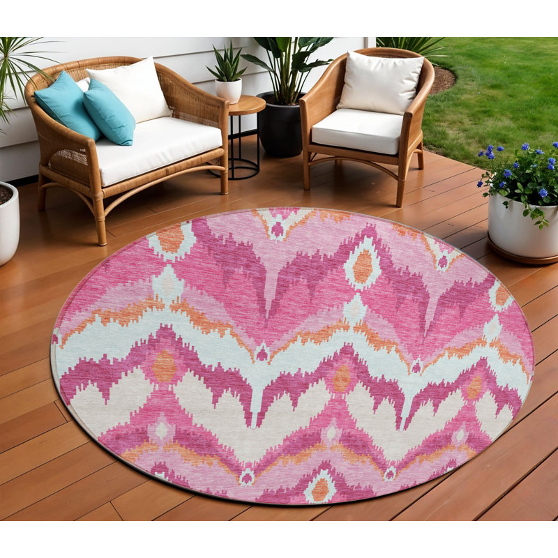 Tapis rond lavable intérieur ikat 8 pi rose mauve et orange