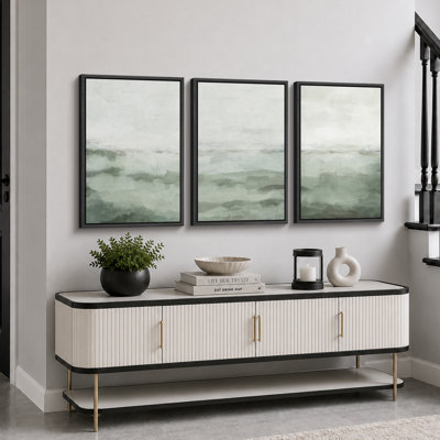 «Minimal Landscape», art organique moderne vert sauge, images murales abstraites simples dans la chambre à coucher, grand ensemble de 3 impressions murales sur toile, 16 x 24 x 3, 24 x 36 x 3