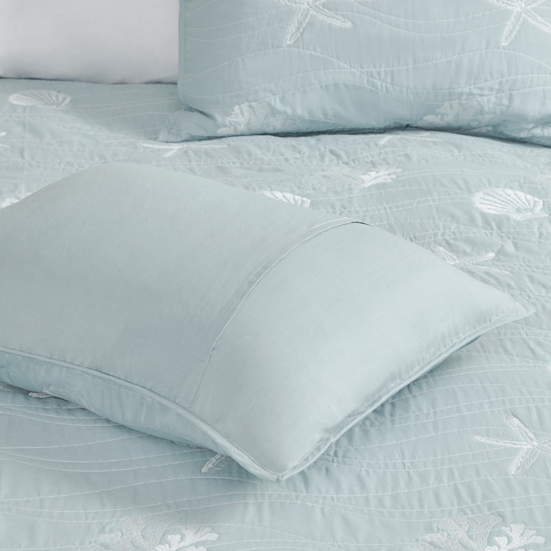 Seaside 4 Piece Cotton Reversible Embroidered Quilt Set, King/Cal.King Coverlet+2 King Sham+Throw Pillow, Aqua