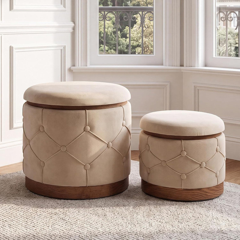 50 cm W Velvet Round Ottoman, Khaki