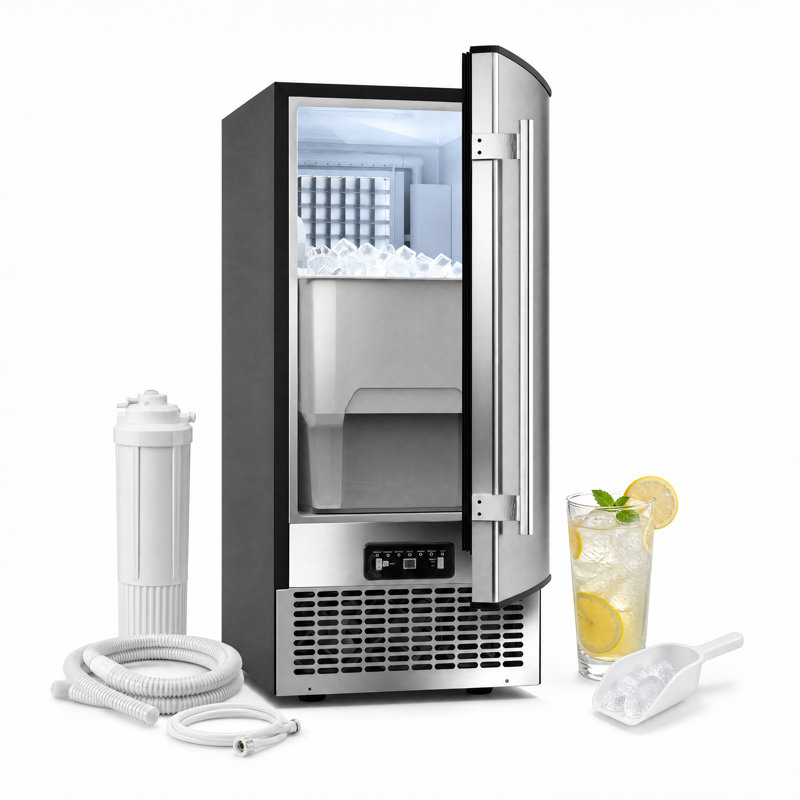 Machine à glaçons en acier inoxydable 14,96 po avec machine à glaçons encastrée Production quotidienne de glace, 24 lb Bac de rangement, cube de glace pleine grandeur et porte réversible