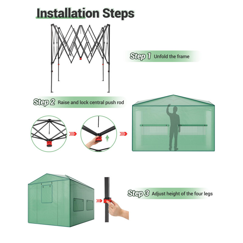 Ensemble de serre durable durable en PE avec portes à fermeture à glissière, fenêtres en filet, tente de culture pour toutes les saisons - facile à assembler, vert