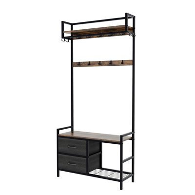 33.1" Wide Hall Tree With 2 Movable Drawers, Shoe Storage, Shelves And Garment Racks, 5-In-1 Entryway Bench With 23 Hooks (Fixed And Movable)