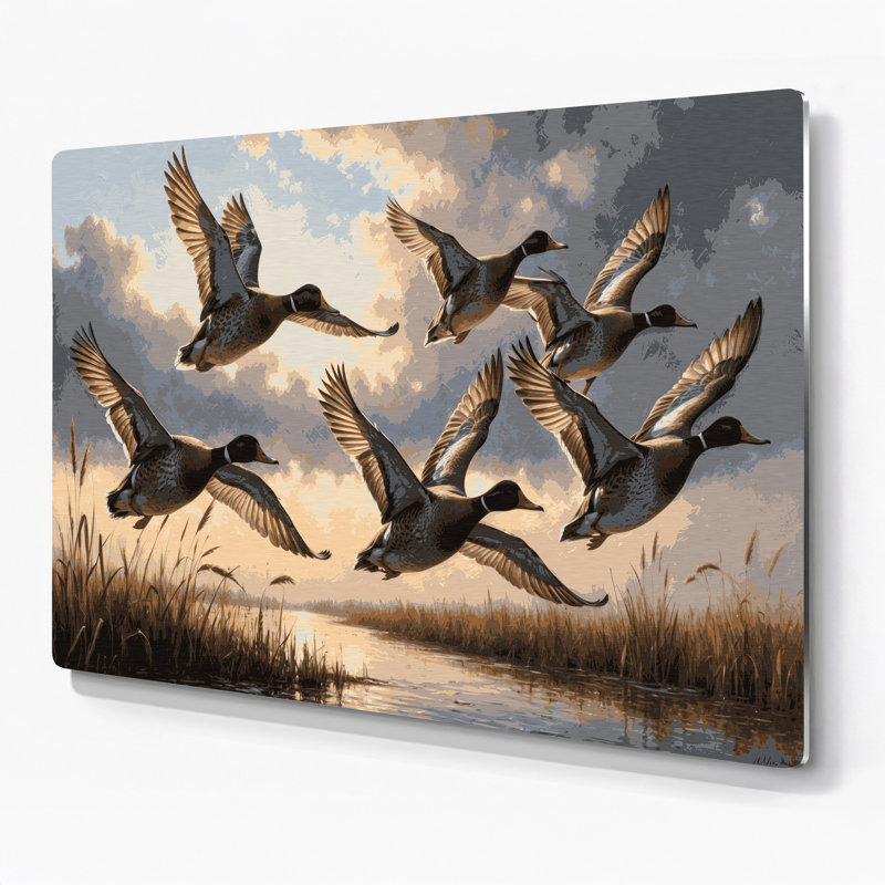«Birds Gadwall», art mural en métal gris, H 11 po x l 14 po