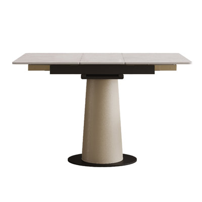 Retractable Rock Slab Folding Dining Table, Modern Square Expandable Table With Leather-Wrapped Stainless Steel Base, Dual-Purpose Space Saving Kitchen Table For Small Apartments