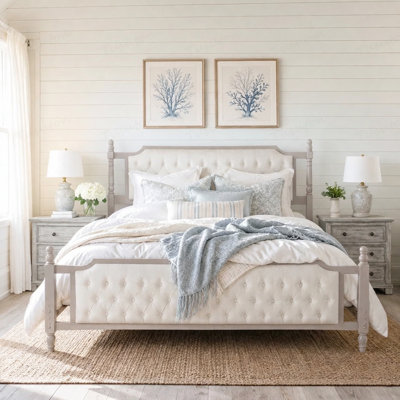 Lit plateforme tapissier avec tête de lit capitonnée à boutons, lit de ferme en bois massif avec tête et pied de lit en velours, aucun sommier tapissier requis, style champêtre français moderne pour la chambre à coucher, taupe