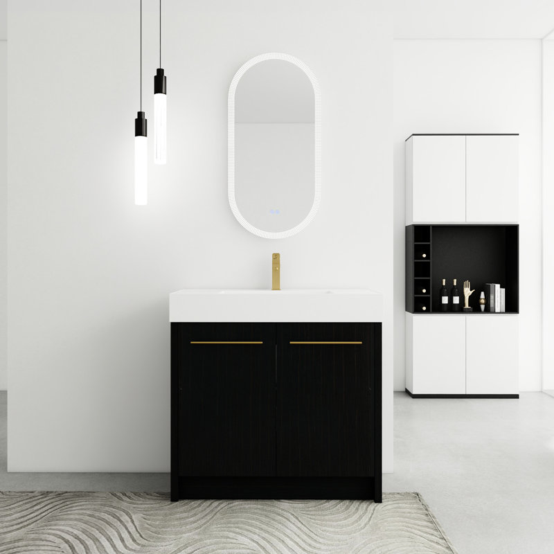 Bathroom Vanity With Resin Sink And Lightly Closing Door - 36 Inch Freestanding Black Chestnut 36" Gentle Cabinet Unit, 35"