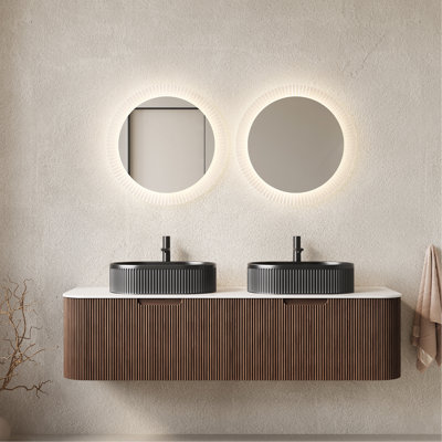 48" Bathroom Vanity&Sink, Floating Curved Edges Striped Storage Cabinet with 2 Drawers, Black Striped Oval Ceramic Basin&White Sintered Stone Top, Pre-assembled Dark Walnut